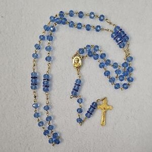 Gold-Plated Blue Crystal Rosary Necklace